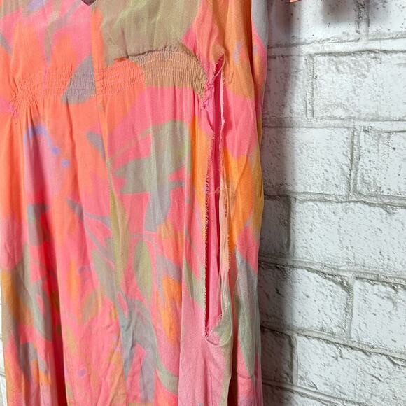 Veda Dress Corazon Maxi Multi Color Smocked Viscose Short Sleeve Pink Orange M - Picture 5 of 10